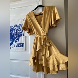 Selfie Leslie Gold Satin Wrap Dress